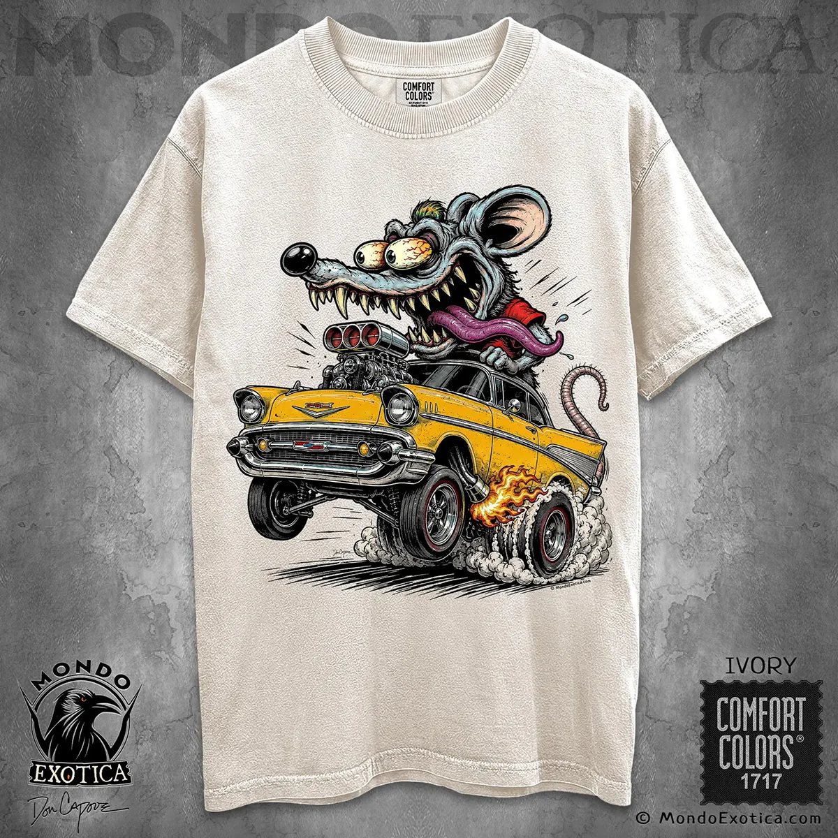 Vintage 57 Chevy Hot Rod T-Shirt featuring a big head Rat driving a custom hot rod
