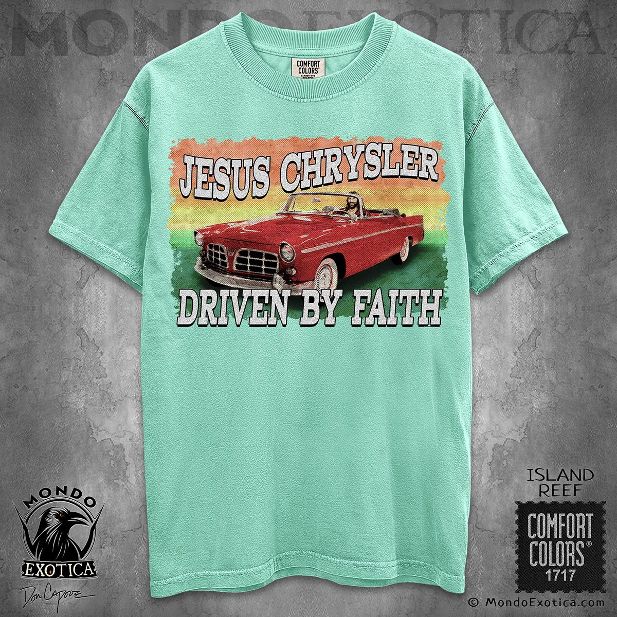 Jesus Chrysler Driven by Faith T-Shirt featuring original Don Capone artwork inspired by the 1956 Chrysler 300B
