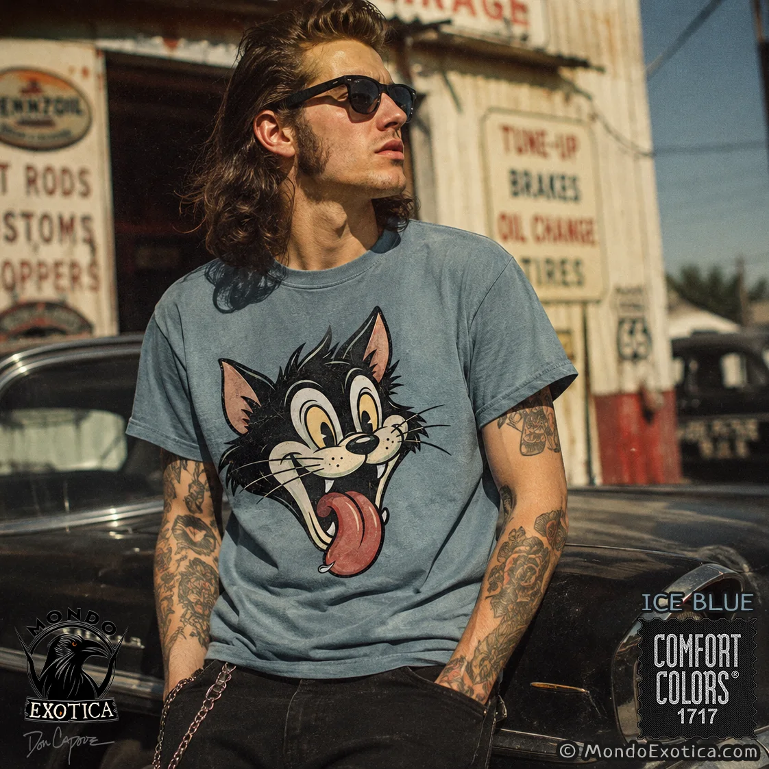 Retro Rockabilly Cat T-Shirt featuring original Don Capone vintage cartoon cat artwork